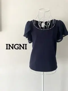 【INGNI】ネックパール付シフォンペタルスリーブカットソー 濃紺 ネイビーのサムネイル