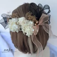 ホワイト&ゴールド　ドライフラワー髪飾り　リボン　卒業式　成人式　ブラック