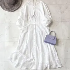 新品同様 ローズティアラ 大きいサイズ42 洗える カットワーク刺繍ワンピース