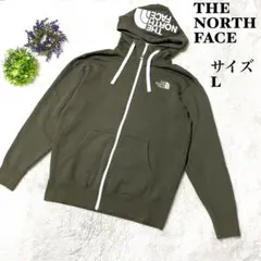 【美品】ザノースフェイス　ジップアップパーカー　カーキ　フードロゴ　リアビュー