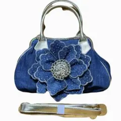 デニム　がま口　大きな花　ショルダーバッグ　ハンドバッグ　2way