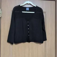 ブラック カーディガン ９分袖レース編み