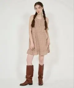 チェックキャミワンピース サーモンピンク tinajojun