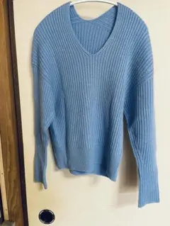 PARIGOT(パリゴ)オリジナルニット 水色 Vネック リブ編みニット 長袖