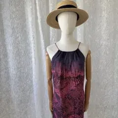 DKNY ピンク黒　総柄　スネーク調　パイソン柄キャミワンピース