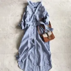 ポロラルフローレン　リネン長袖シャツワンピース　ウエストベルト　ストライプ