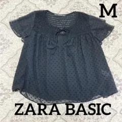 ZARA BASIC★ドット柄シフォンブラウス フリル シャーリング 黒
