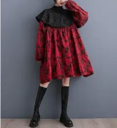 大きいサイズ レディース ワンピース　襟付き　春 秋冬 赤　長袖　ビッグ襟[