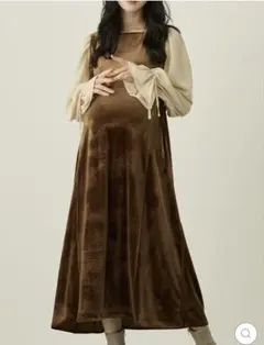 マタニティ ベロア切り替えリボンワンピース ブラウン honono