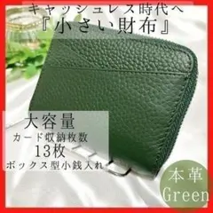 二つ折りミニ財布　ボックス型小銭いれ　キャッシュレス　緑　本革　極小　コンパクト