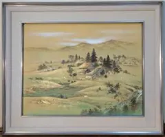 真作】絵画 北川照生 油彩6号 池田の早春 山里の民家 田園風景 C159