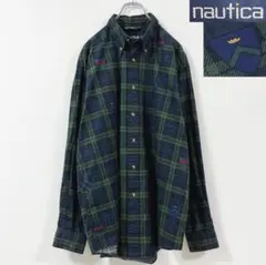 3XL相当　90s　ノーティカ　紋章　ブラックウォッチ　タータンチェック　シャツ
