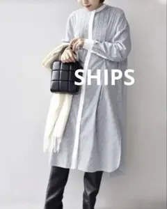 SHIPS ◆バンドカラー ピンタック シャツワンピース パール釦　ONE 春