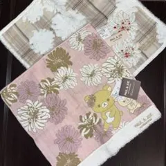 ポール&ジョー　ピンクリラックマ　ベージュチェック花柄　タオルハンカチセット
