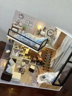 完成品*ドールハウス 2階建て 春色 ティータイム 屋根付き 防塵カバー