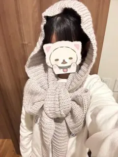 ハンドメイド ソフィーフード ライトグレー フードマフラー 編み物