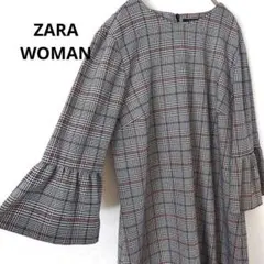 ザラウーマン　ボリュームスリーブチェックワンピース　グレー　M　チュニック