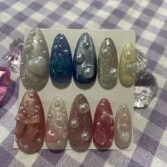 グリッター＆パール ネイルチップ 10個セット ハンドメイド