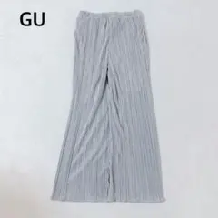 GU ジーユー プリーツ　ワイドパンツ 光沢 シルバー M グレー ウエストゴム