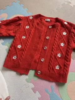 プティマイン 赤オレンジ ニットカーディガン