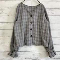 イング INGNI チェック柄前ボタンブラウス Vネック ボリュームスリーブ M