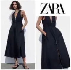 ZARA ネイビー ワンピース　ジップアップミディワンピース