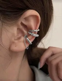 【新品・未使用】イヤーカフ3点セット ツイスト・ラインストーン・チェーン付き