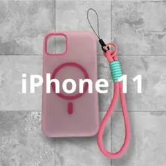 iPhone11 スマホケース　クリアピンク　ストラップ付き