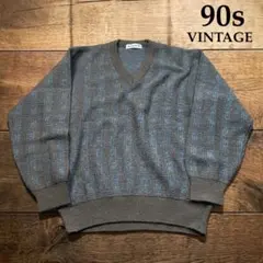 90sヴィンテージ￤L￤総柄レトロ クラシックウールジャガードニット Y2K古着