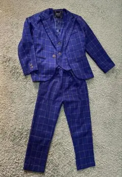 キッズ　スーツ　130 ブルー　チェック柄 フォーマル　3点セット