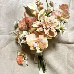 アーティフィシャルフラワーブーケ ウエディング ブートニア付き　胡蝶蘭 ダリア