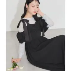 リボンショルダー ロングワンピース ブラック