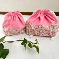 お弁当袋とコップ袋のセット(ローズピンク花柄)