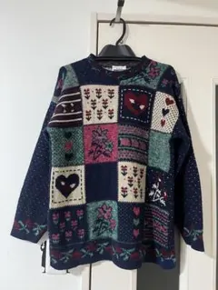 パッチワークデザイン ニットセーター 長袖 ネイビー