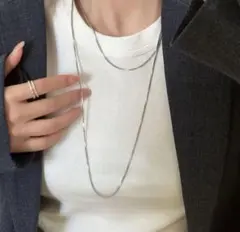 シルバー 2連　ロングネックレス　ステンレススチール　シンプル