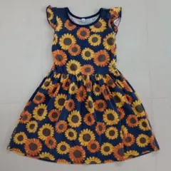 女の子　キッズ　花柄　ひまわり　紺色　ノースリーブ　ワンピース　130cm