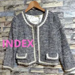 INDEX ネイビー ベージュ ツイード ノーカラージャケット　サイズМ