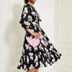 ケイト・スペード黒・花柄ロングワンピース・フリル付き