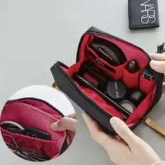 多機能収納ポーチ ブラック レッド　旅行　化粧ポーチ