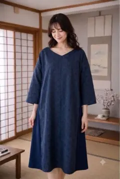 新品　着物リメイクワンピース　反物　紬　麻の葉　ゆったり　Ｌサイズ