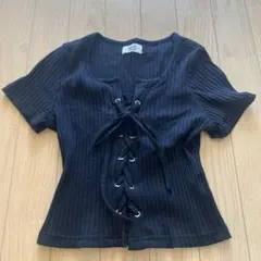 リブ編み ブラック 半袖トップス