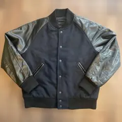 美品　ユニクロ　スタジアムジャンパー　スタジャン　合革　ネイビー×ブラック　L