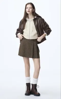 GU サイドプリーツチェックスコート ブラウン XS