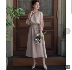 び*屋様 GIRL フラワーレーススリーブミモレ丈結婚式 ワンピースドレス　M