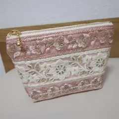 インド刺繍リボン　マチ付きポーチ