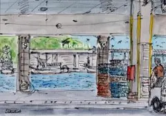 メ*9様 原画一点物　「萩の魚市場」　＜ペンスケッチ＋透明水彩＞