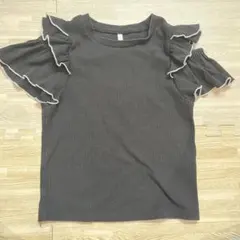 GU フリル袖 リブTシャツ ブラック 130