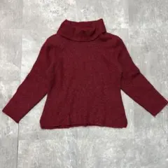 赤 ニット タートルネック ウール混 ショート丈