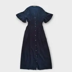 アーバンリサーチROSSO リネン混 シャーリングワンピース ロング 紺
