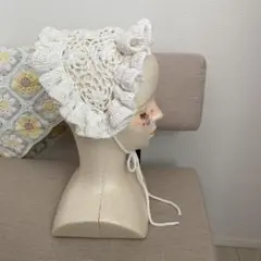 バブーシュカ　ヘッドドレス　ボンネット　コットン　毛糸　手編み　編み物　ホワイト